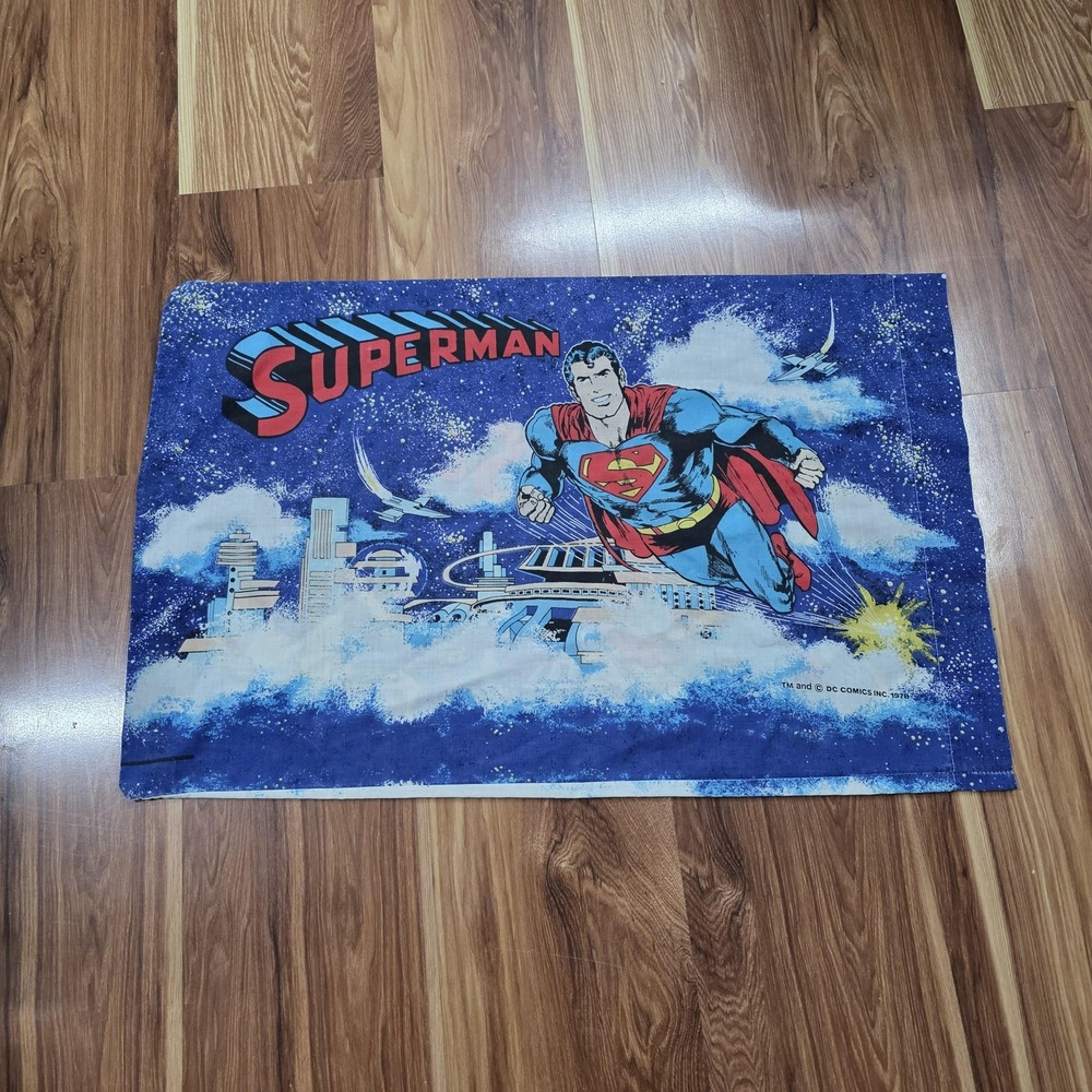 Vtg DC Comics Superman Pillowcase Standard Blue Kids 1978 Superhero Bedding